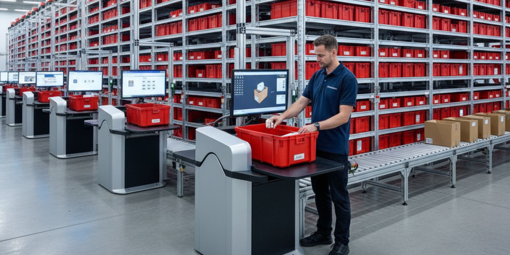 A large, automated cubic storage system with red storage bins, operated by robots on the top grid. In the foreground, several employees work on ergonomic picking stations according to the goods-to-person principle. An employee is in the process of removing an item from a red container provided to him by the system. Monitors at the stations show the picking instructions, and finished packages are ready on a conveyor belt.